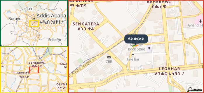 Map showing the address of ፉድ ወርልድ in three different zoom levels.