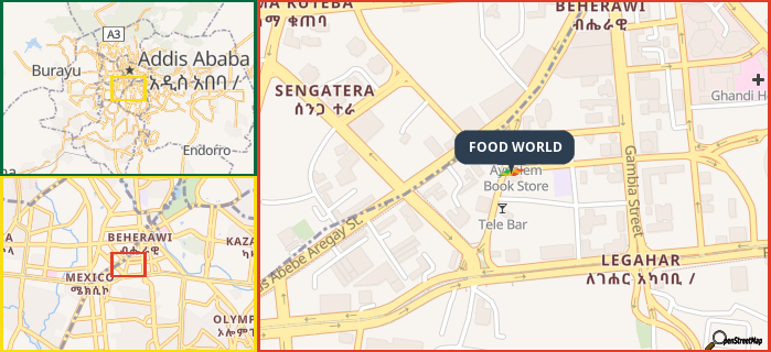 Map showing the address of FOOD WORLD in three different zoom levels.