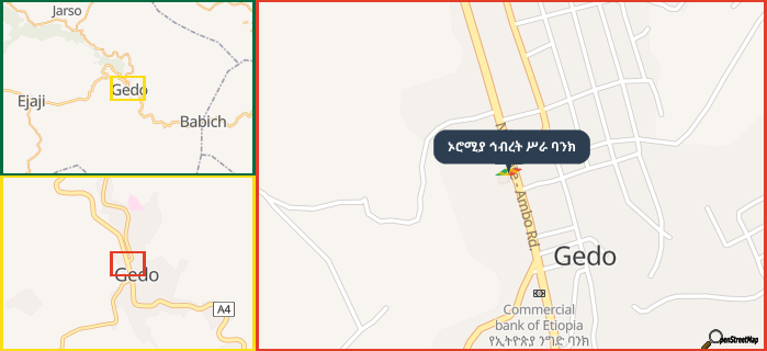 Map showing the address of ኦሮሚያ ኅብረት ሥራ ባንክ in three different zoom levels.