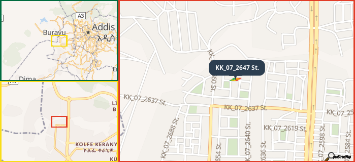 Map showing the address of KK_07_2647 St. in three different zoom levels.