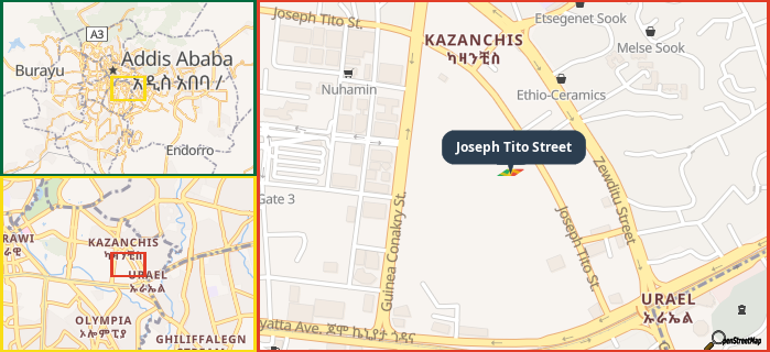 Map showing the address of Joseph Tito Street in three different zoom levels.