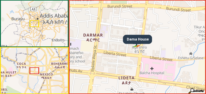 Map showing the address of Dama House in three different zoom levels.