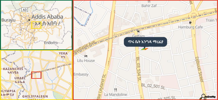 Map showing the address of ጥሩ ቤት እንግዳ ማረፊያ in three different zoom levels.