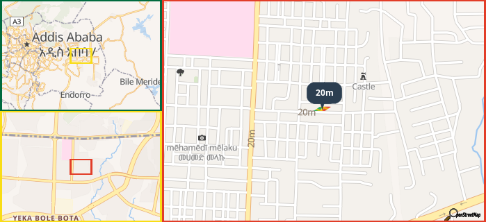 Map showing the address of 20m in three different zoom levels.