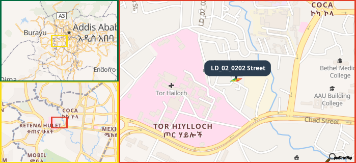 Map showing the address of LD_02_0202 Street in three different zoom levels.