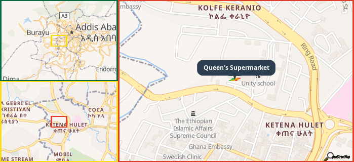 Map showing the address of Queen's Supermarket in three different zoom levels.