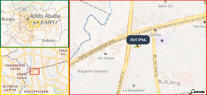 Map showing the address of ብራና ሆቴል in three different zoom levels.
