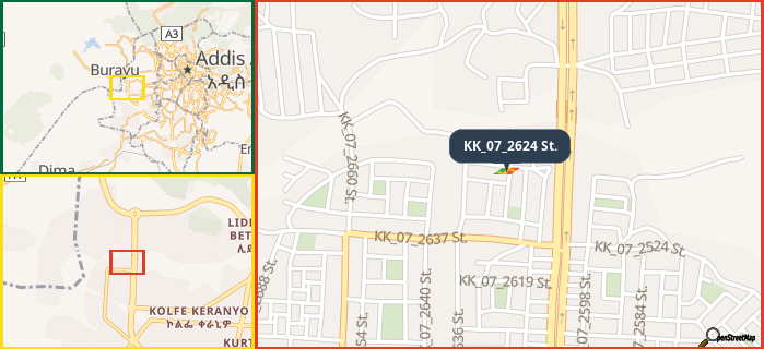 Map showing the address of KK_07_2624 St. in three different zoom levels.