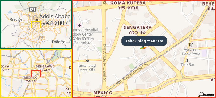 Map showing the address of Yobek bldg ዮቤክ ህንጻ in three different zoom levels.