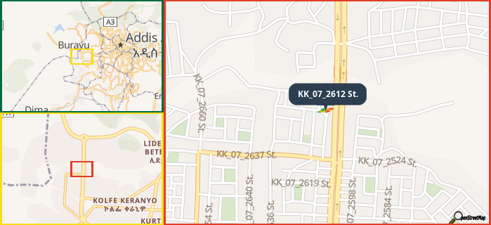 Map showing the address of KK_07_2612 St. in three different zoom levels.