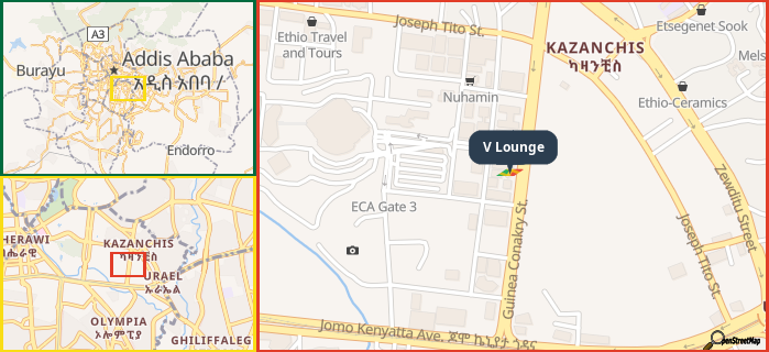 Map showing the address of V Lounge in three different zoom levels.