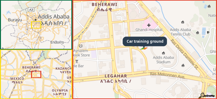 Map showing the address of Car training ground in three different zoom levels.