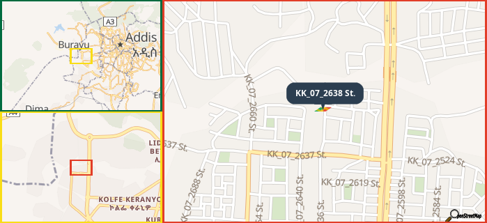 Map showing the address of KK_07_2638 St. in three different zoom levels.