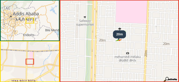 Map showing the address of 20m in three different zoom levels.