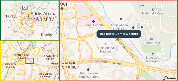 Map showing the address of Ras Desta Damtew Street in three different zoom levels.