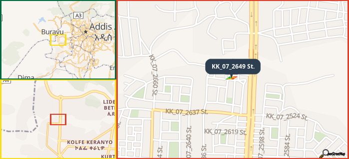 Map showing the address of KK_07_2649 St. in three different zoom levels.