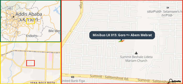Map showing the address of Minibus LK 015: Goro => Abem Mebrat in three different zoom levels.