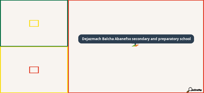 Map showing the address of Dejazmach Balcha Abanefso secondary and preparatory school in three different zoom levels.