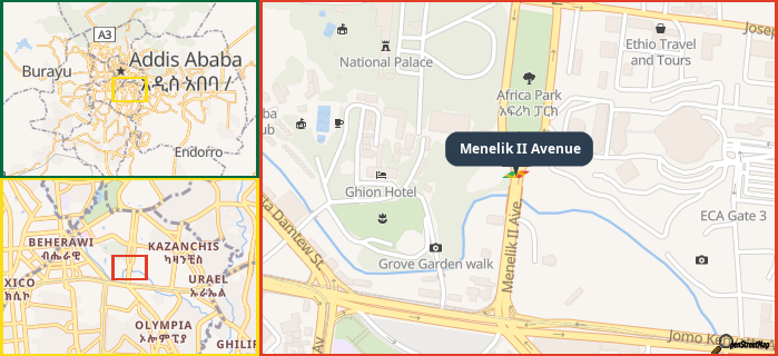 Map showing the address of Menelik II Avenue in three different zoom levels.