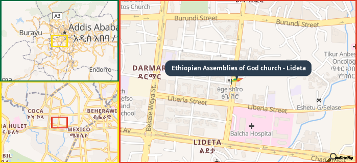 Map showing the address of Ethiopian Assemblies of God church - Lideta in three different zoom levels.