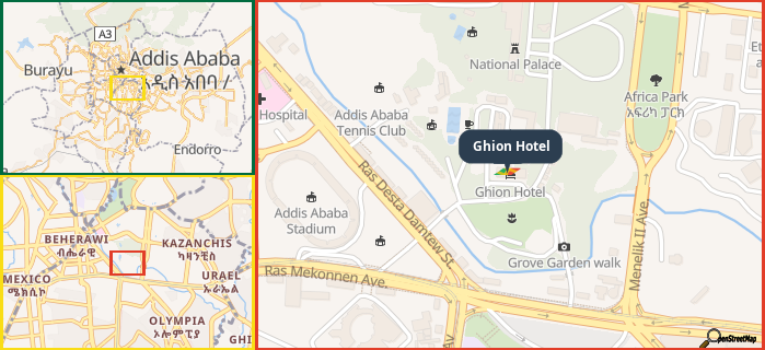 Map showing the address of Ghion Hotel in three different zoom levels.