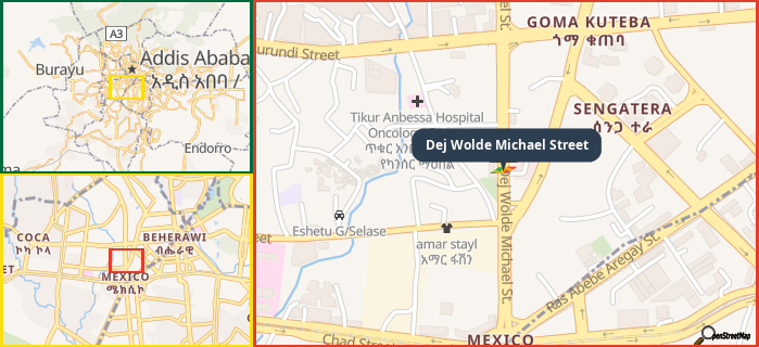 Map showing the address of Dej Wolde Michael Street in three different zoom levels.