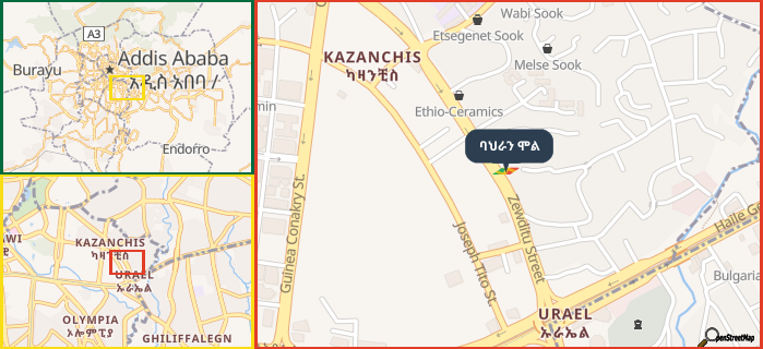Map showing the address of ባህራን ሞል in three different zoom levels.