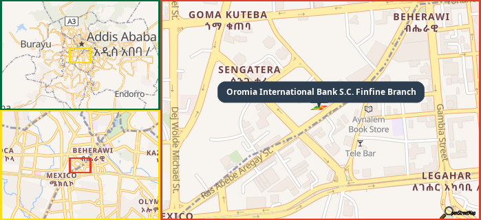 Map showing the address of Oromia International Bank S.C. Finfine Branch in three different zoom levels.