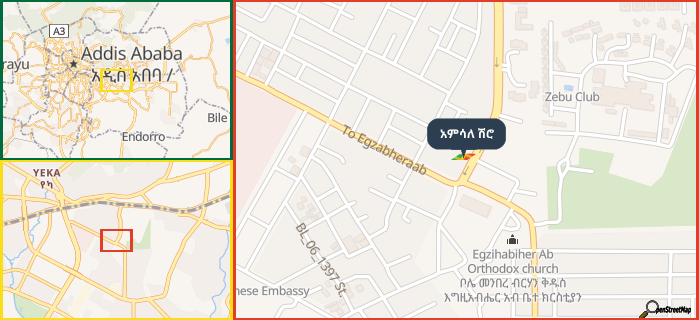 Map showing the address of አምሳለ ሽሮ in three different zoom levels.
