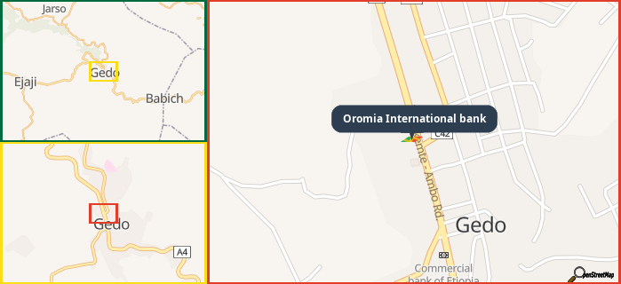 Map showing the address of Oromia International bank in three different zoom levels.