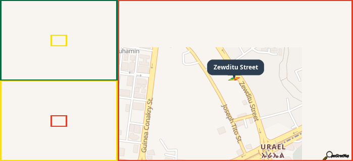 Map showing the address of Zewditu Street in three different zoom levels.