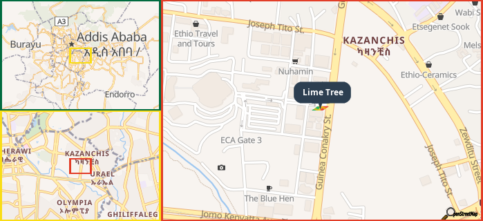 Map showing the address of Lime Tree in three different zoom levels.