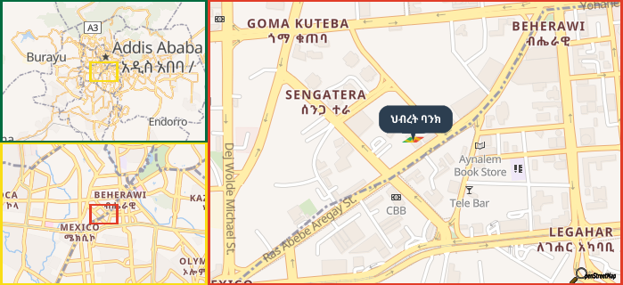 Map showing the address of ህብረት ባንክ in three different zoom levels.