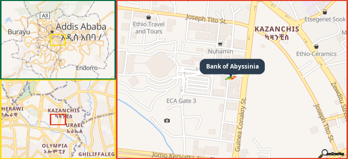 Map showing the address of Bank of Abyssinia in three different zoom levels.