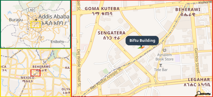 Map showing the address of Biftu Building in three different zoom levels.