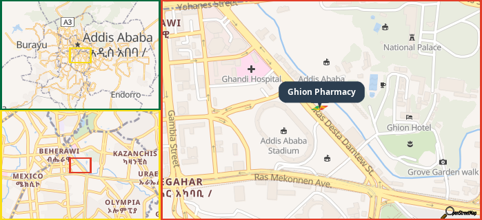 Map showing the address of Ghion Pharmacy in three different zoom levels.