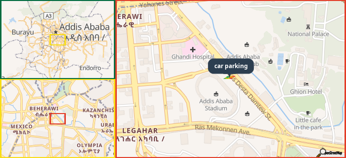 Map showing the address of car parking in three different zoom levels.