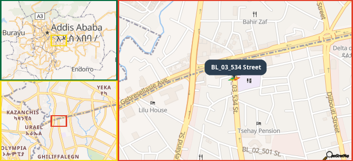 Map showing the address of BL_03_534 Street in three different zoom levels.