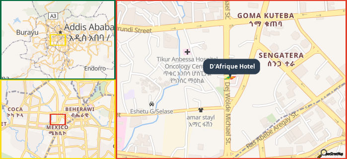 Map showing the address of D'Afrique Hotel in three different zoom levels.