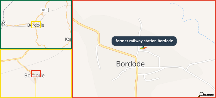 Map showing the address of former railway station Bordode in three different zoom levels.