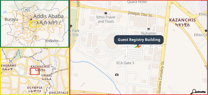 Map showing the address of Guest Registry Building in three different zoom levels.