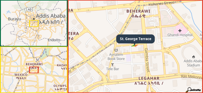 Map showing the address of St. George Terrace in three different zoom levels.