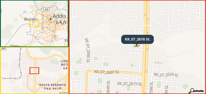 Map showing the address of KK_07_2616 St. in three different zoom levels.