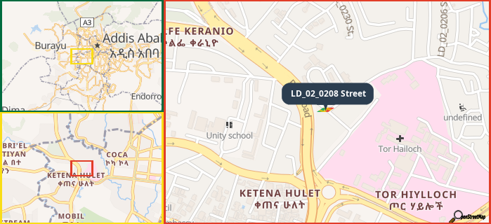 Map showing the address of LD_02_0208 Street in three different zoom levels.