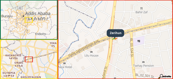 Map showing the address of Zerihun in three different zoom levels.