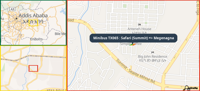 Map showing the address of Minibus TX065 : Safari (Summit) => Megenagna in three different zoom levels.