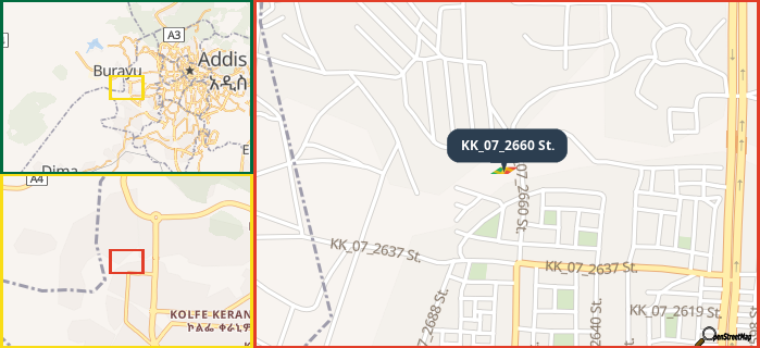 Map showing the address of KK_07_2660 St. in three different zoom levels.