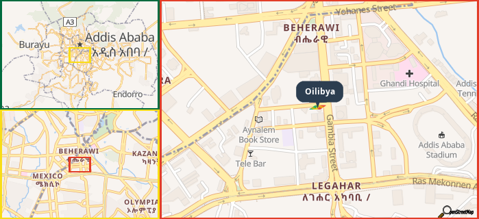 Map showing the address of Oilibya in three different zoom levels.