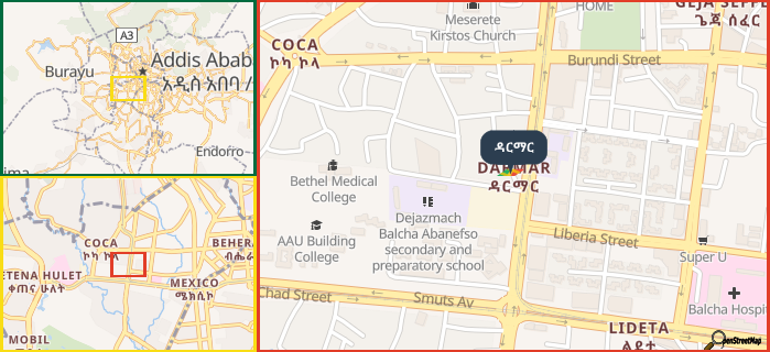 Map showing the address of ዳርማር in three different zoom levels.