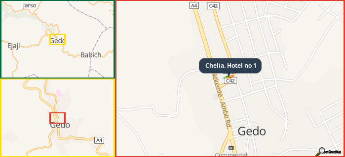 Map showing the address of Chelia. Hotel no 1 in three different zoom levels.